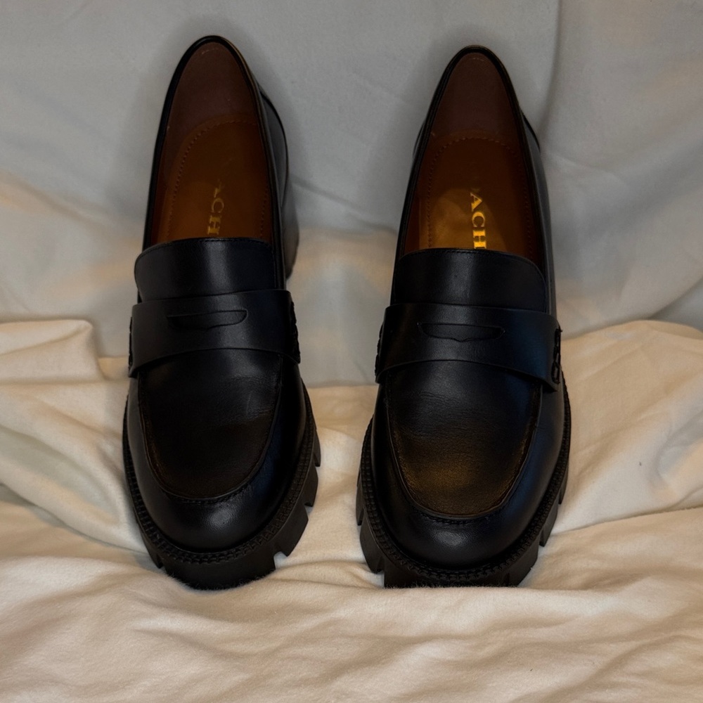 Coach Black Lug-Sole Penny Loafers with Block Heel - Picture 2 of 11